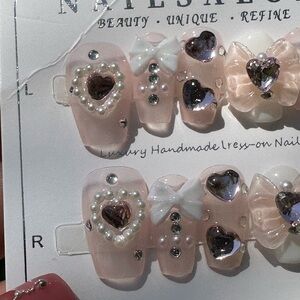 Pink and White Press-On Nails with Rhinestones and Heart Embellishments